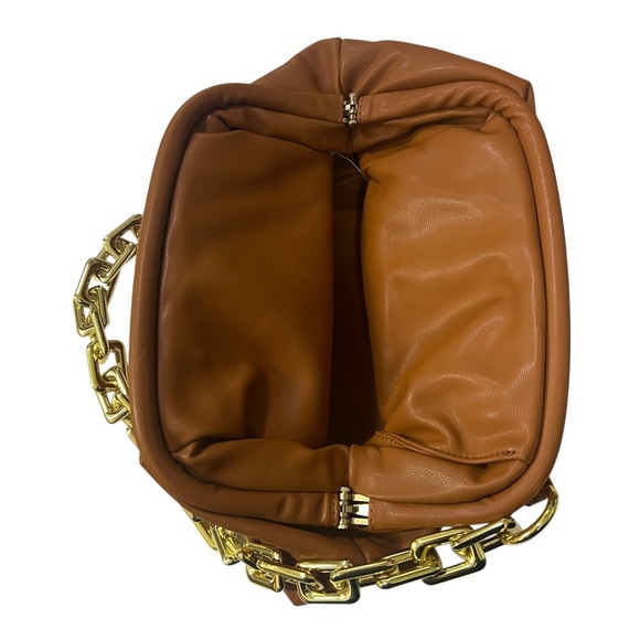 Ruched Gold Chain Brown Faux Leather Bag Clutch Closure Shoulder Bag Classic Bag - Picture 3 of 8